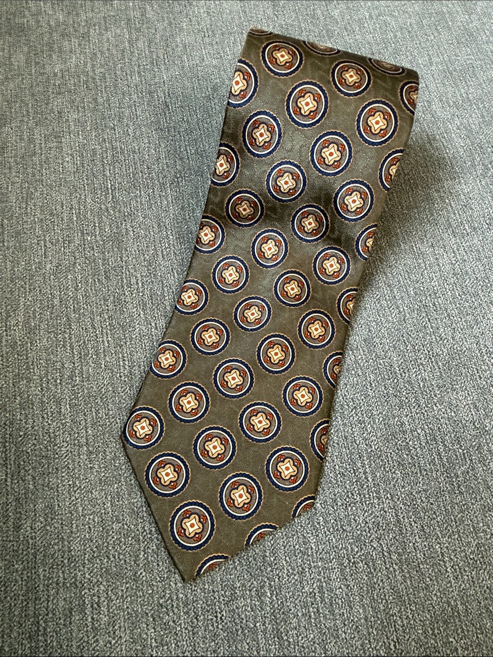 Jos. A. Bank Olive Medallion Silk Tie with Navy and Brown Accents